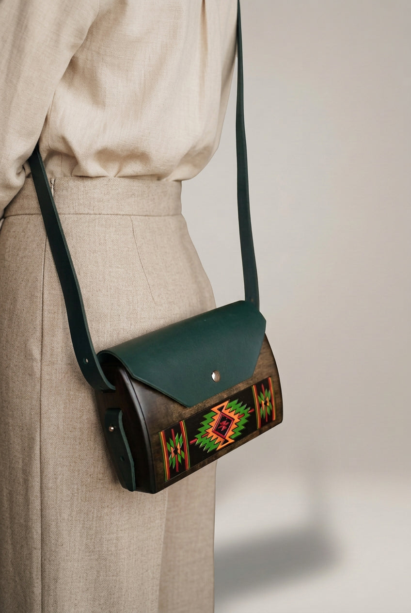 Hutsul Pattern – Small Rectangular Handmade Wooden Handbag (Green)