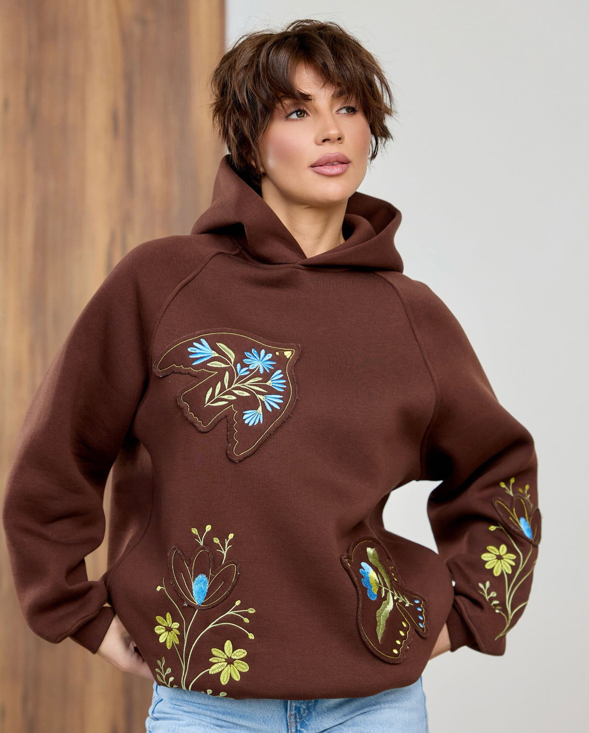 Bird and Floral Embroidered Oversized Hoodie (Brown)