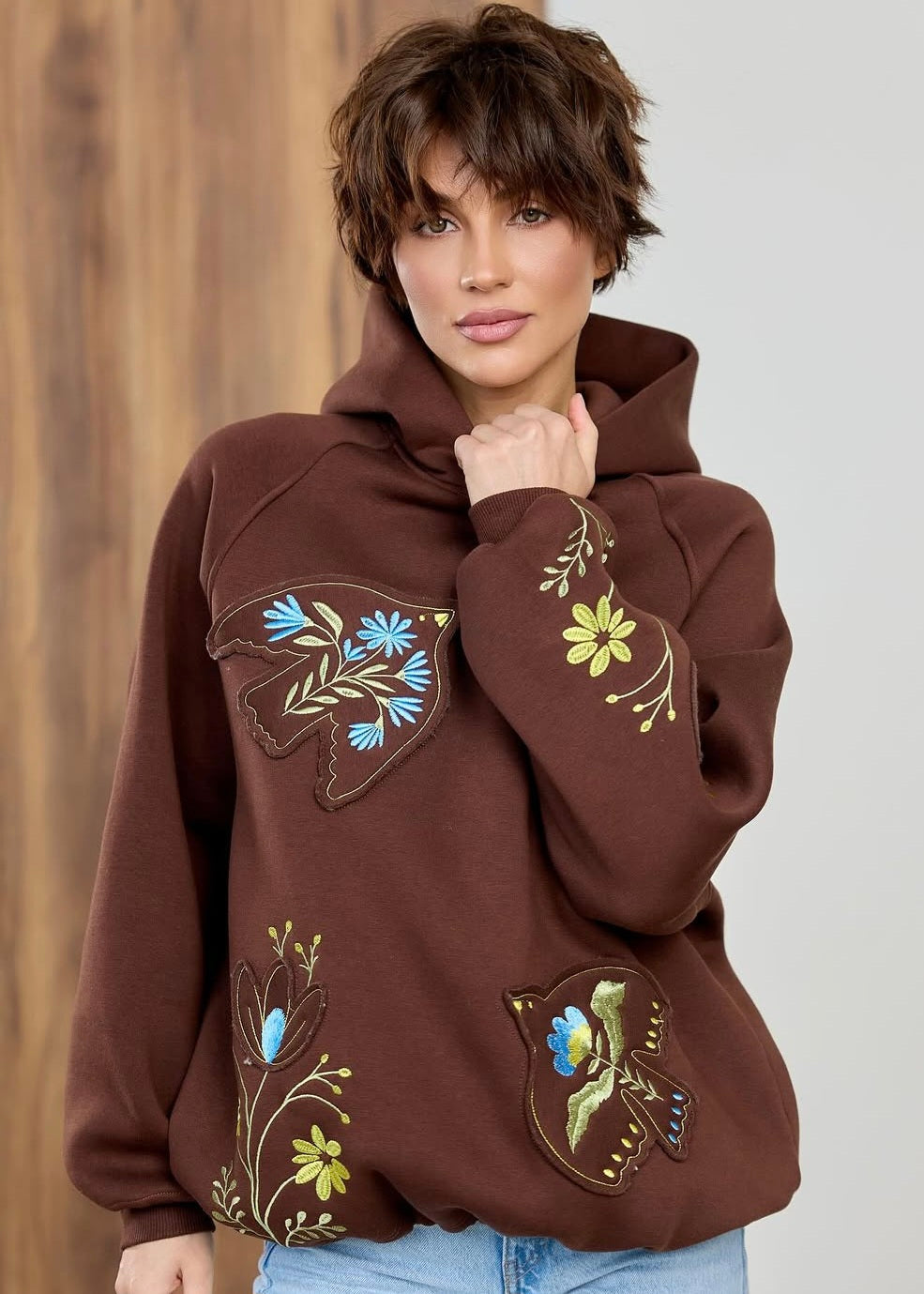 Bird and Floral Embroidered Oversized Hoodie (Brown)