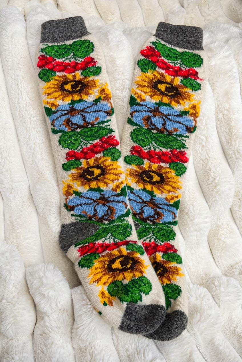 Warm Sheep Wool Socks – Knee-High (sunflowers, viburnum berries and cotton flowers)