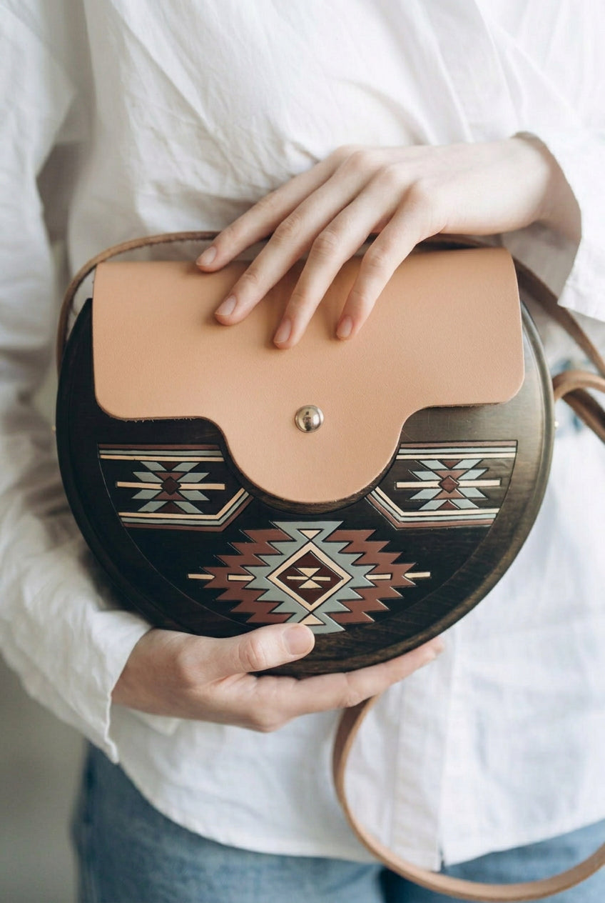 Hutsul Pattern – Handmade Wooden Handbag (Beige)
