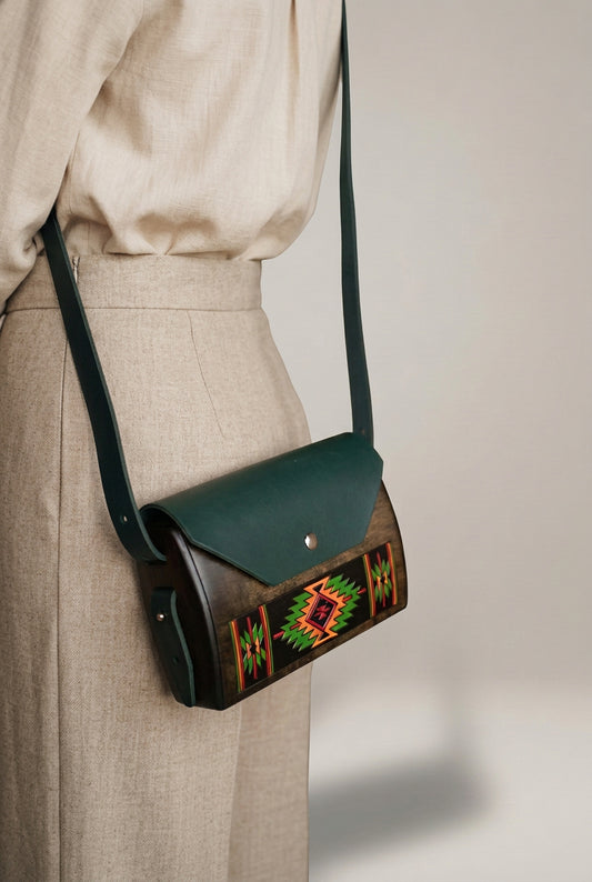 Hutsul Pattern – Small Rectangular Handmade Wooden Handbag (Green)