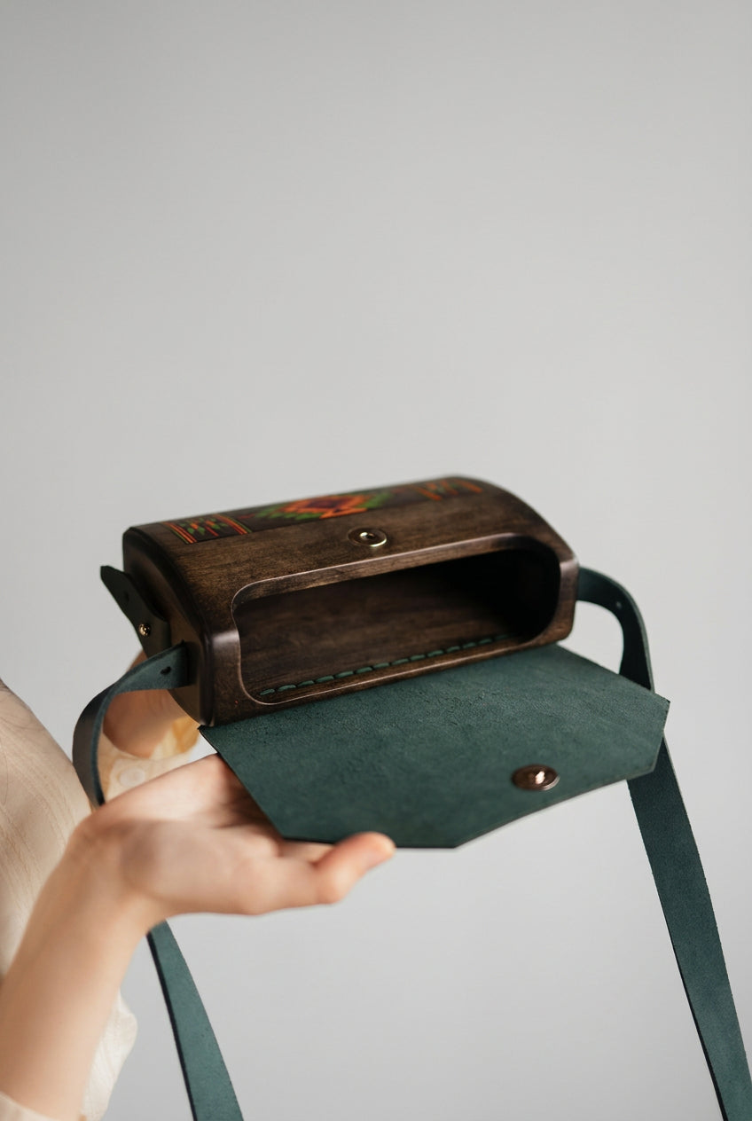 Hutsul Pattern – Small Rectangular Handmade Wooden Handbag (Green)