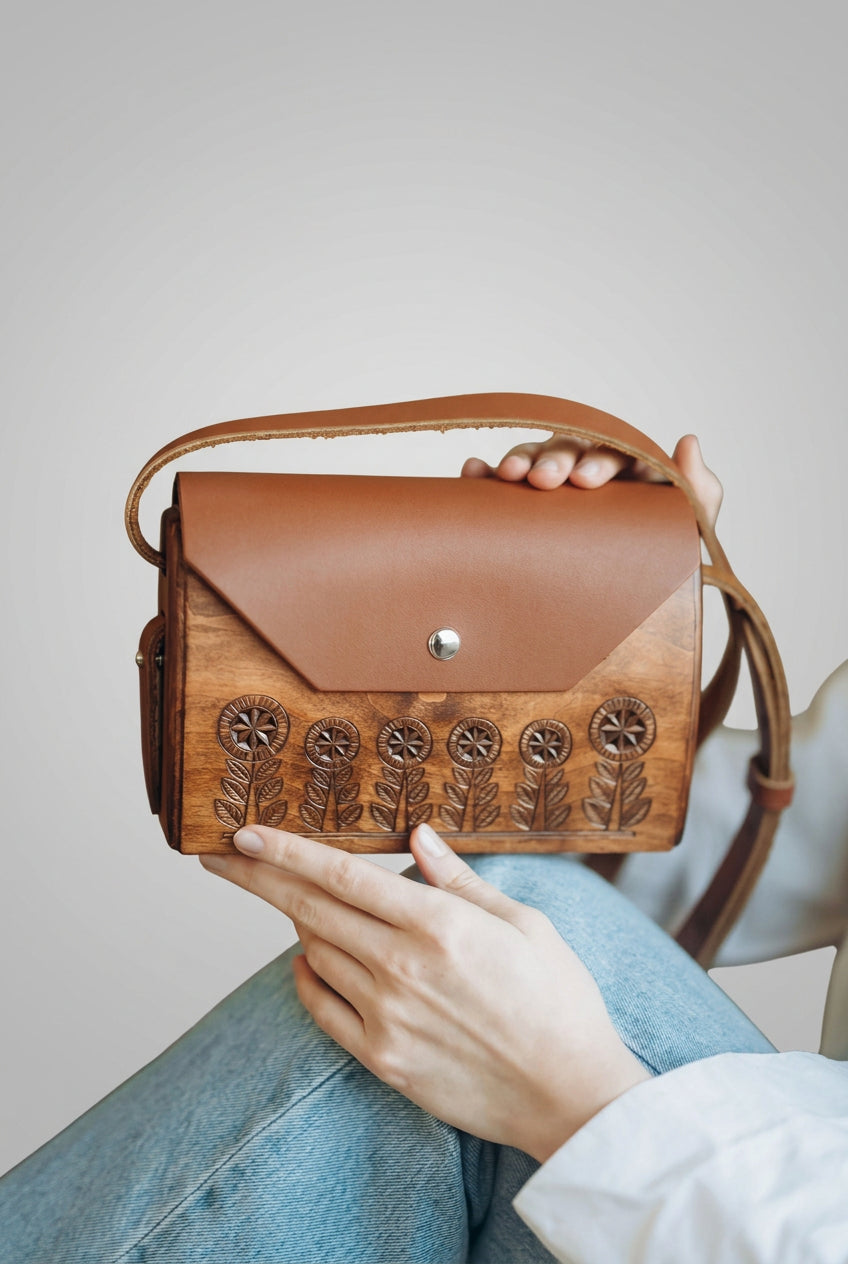 Nature Pattern – Small Rectangular Handmade Wooden Handbag