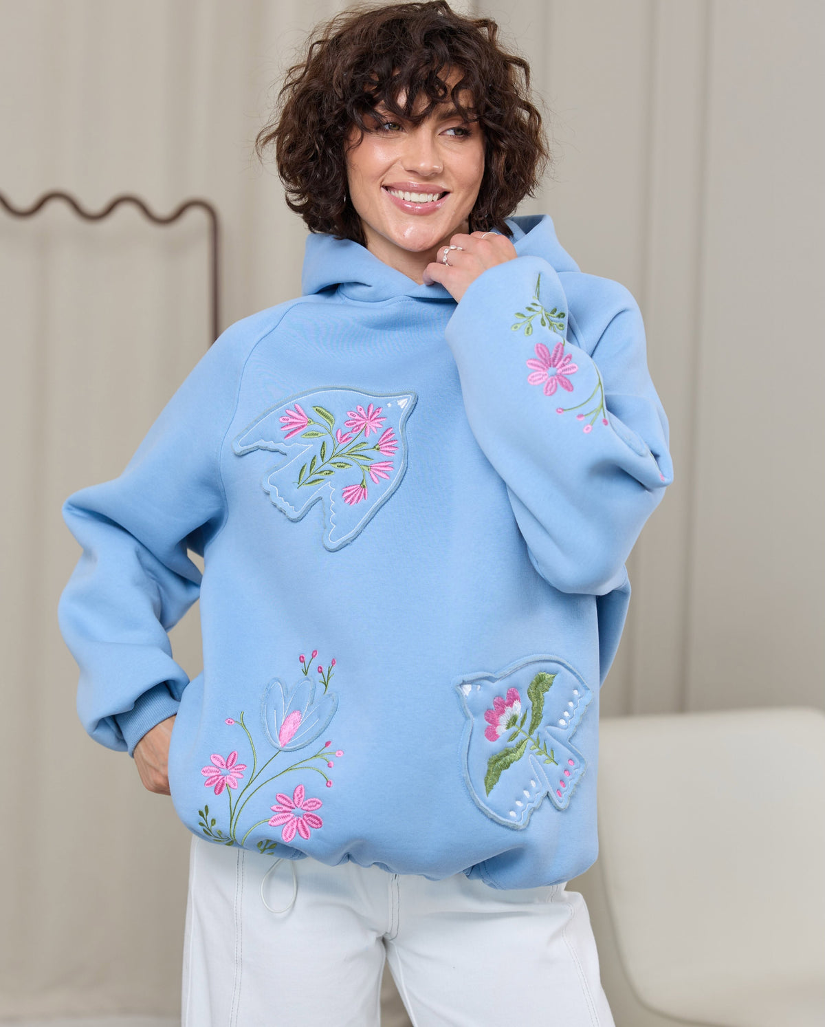 Bird and Floral Embroidered Oversized Hoodie (Blue)