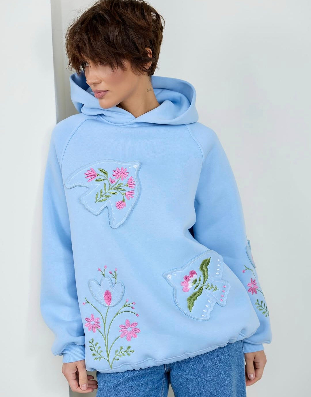 Bird and Floral Embroidered Oversized Hoodie (Blue)