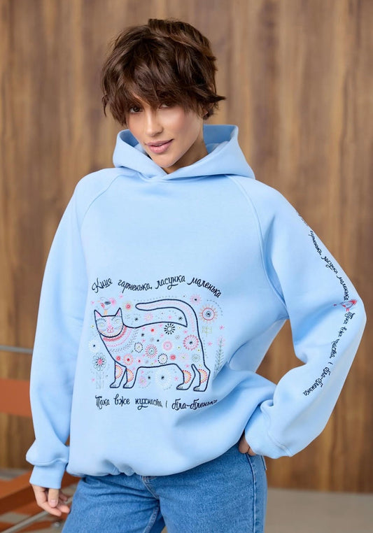 Cat Embroidered Oversized Hoodie (Blue)