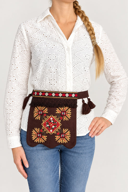 Geometric and Floral Belt Pocket (Ladunka) — Warm Brown