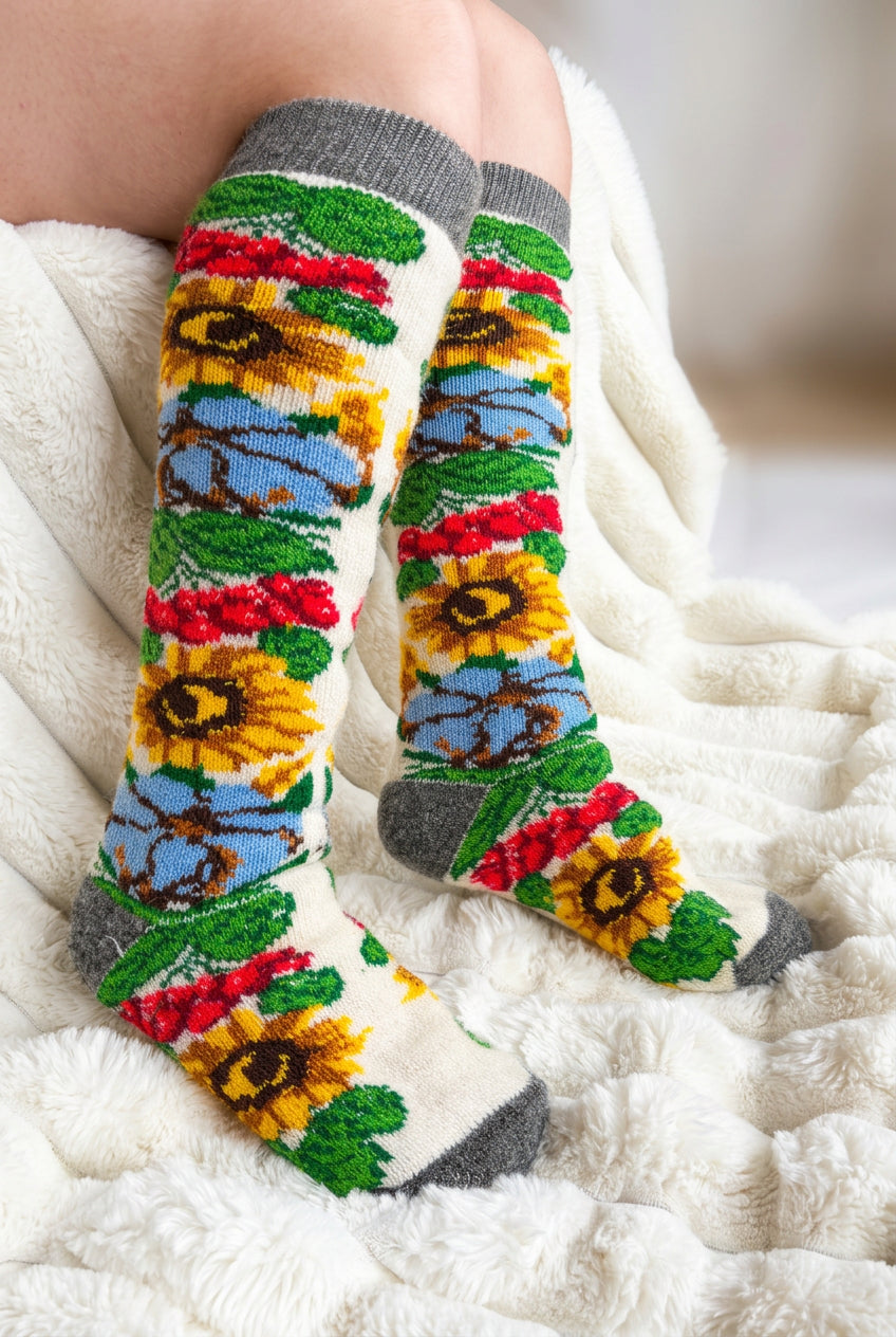 Warm Sheep Wool Socks – Knee-High (sunflowers, viburnum berries and cotton flowers)