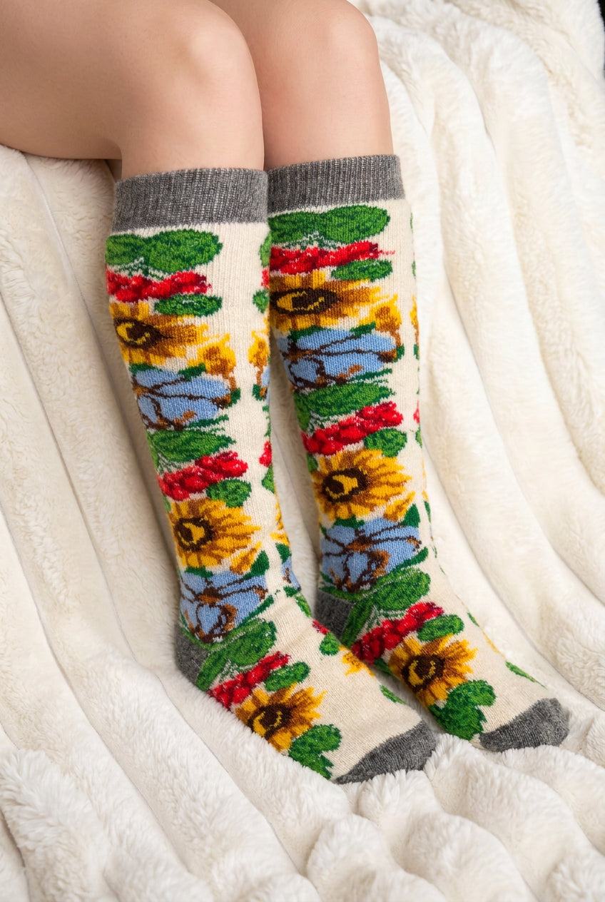 Warm Sheep Wool Socks – Knee-High (sunflowers, viburnum berries and cotton flowers)